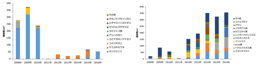 福島県松川浦の干潟での調査結果を示したグラフ