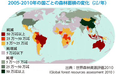 世界地図：2005-2010年の国ごとの森林面積の変化（ヘクタール/年）出典：世界森林資源評価2010（Global forest resources assessment 2010 ）