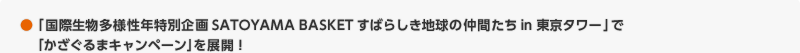 「国際生物多様性年特別企画SATOYAMA BASKETすばらしき地球の仲間たちin 東京タワー」で「かざぐるまキャンペーン」を展開！