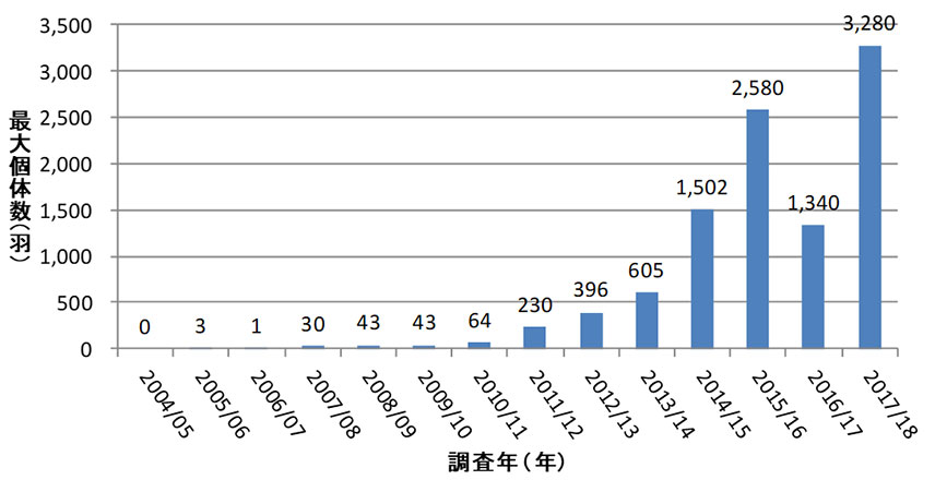 シジュウカラガンの1地点における最大個体数の経年変化のグラフ